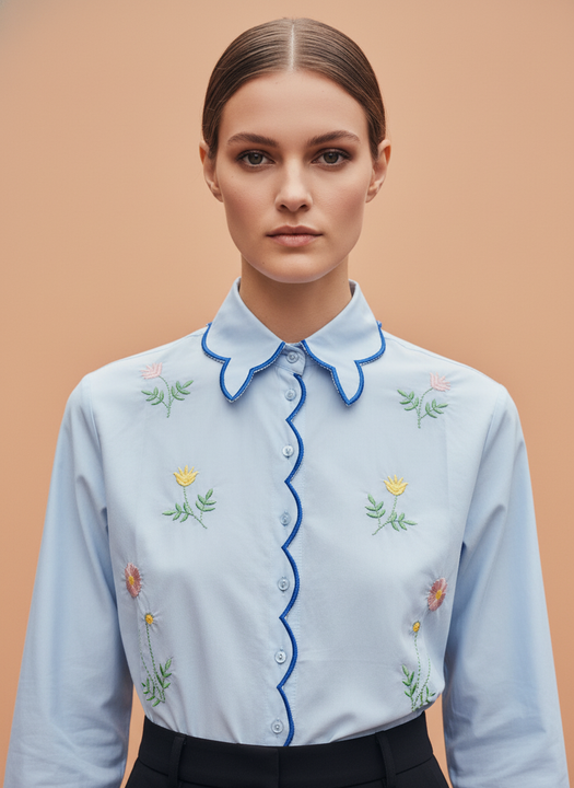 Elegant Sky Blue Floral Embroidered Scallop Edge Shirt for Women