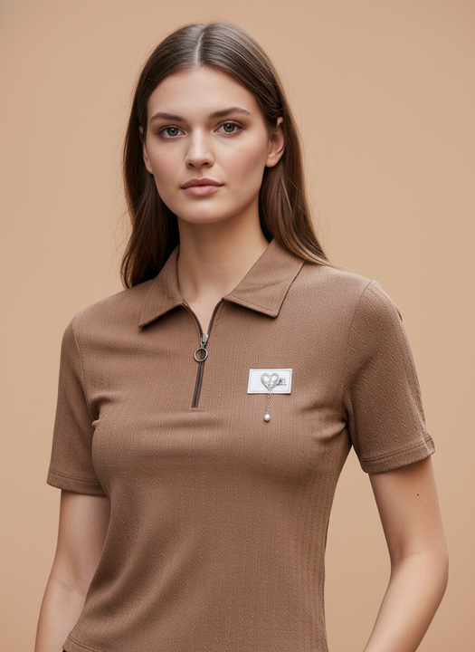 Brown Zip-Up Ribbed Polo T-Shirt for Women
