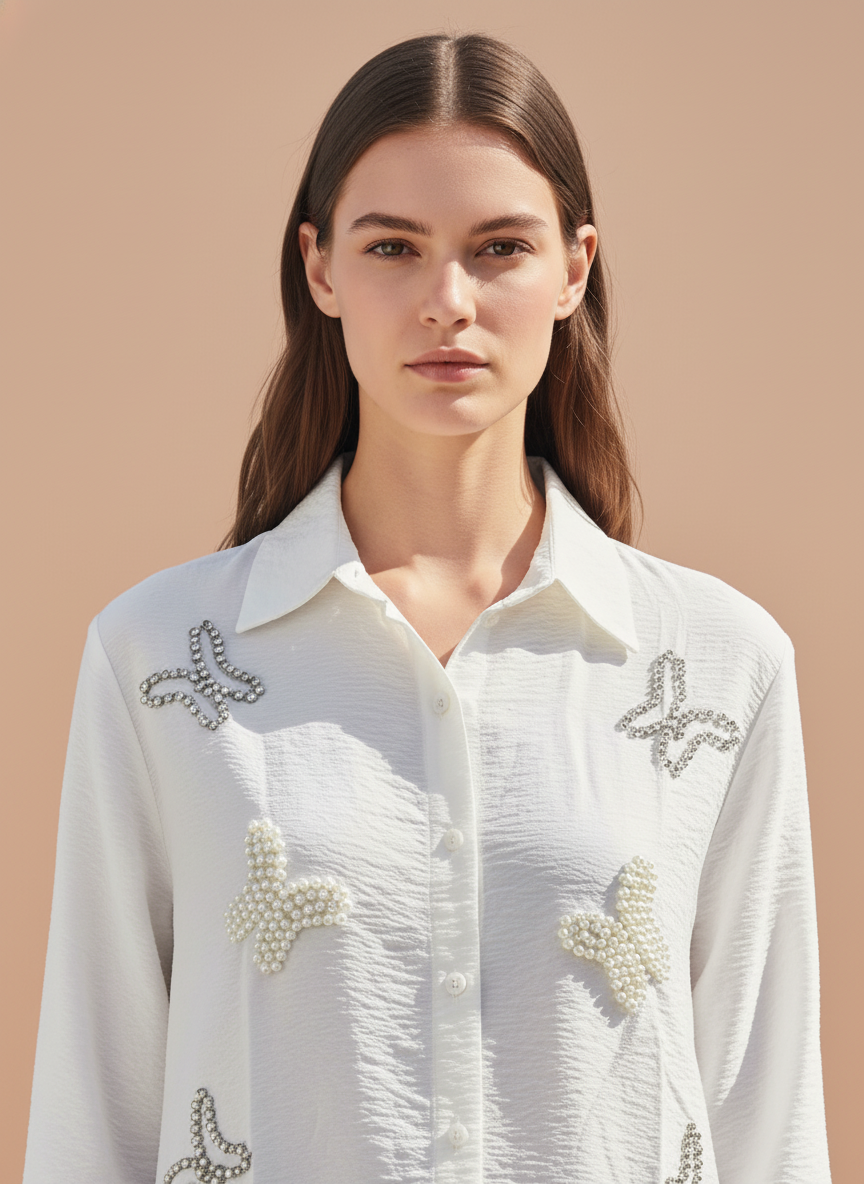 Ivory Elegance Pearl Embellished Designer Shirt