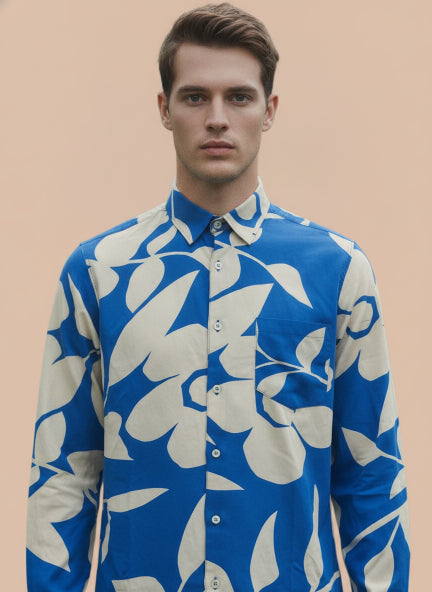 Men'S Premium Rayon Shirt With Blue Floral Print