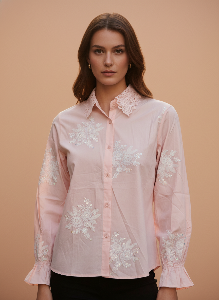 Pink Lace Embroidered Shirt for Women
