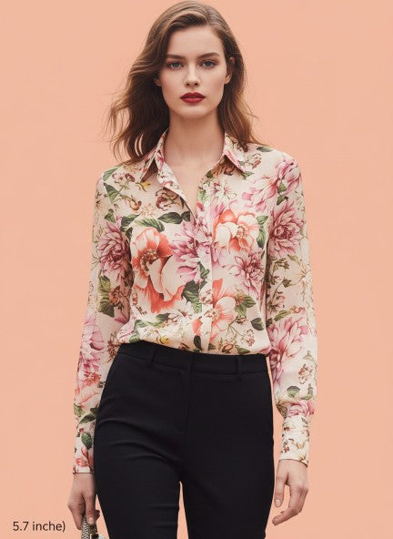 Premium Chiffon Multicolour Regular Length Straight Hem Digital Print Shirt