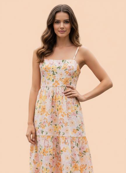 Cambric Digital Print  Maxi Dress With Slash Pocket