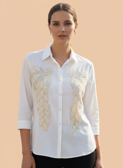 White Beaded Leaf Linen Shirt