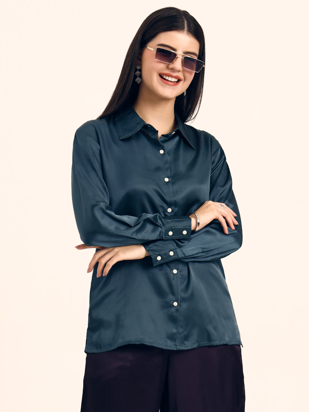 Luxury Modal Satin Shirt for Women  Deep Teal