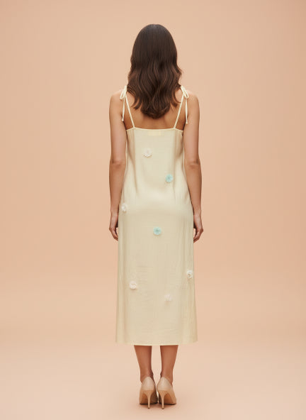 Elegant Floral Strap Midi Dress  Soft Pastel Yellow