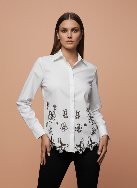 White Floral Butterfly Embroidered Cotton Shirt