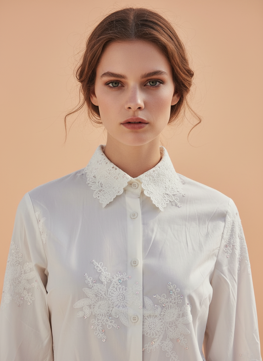 White Lace Embroidered Shirt for Women