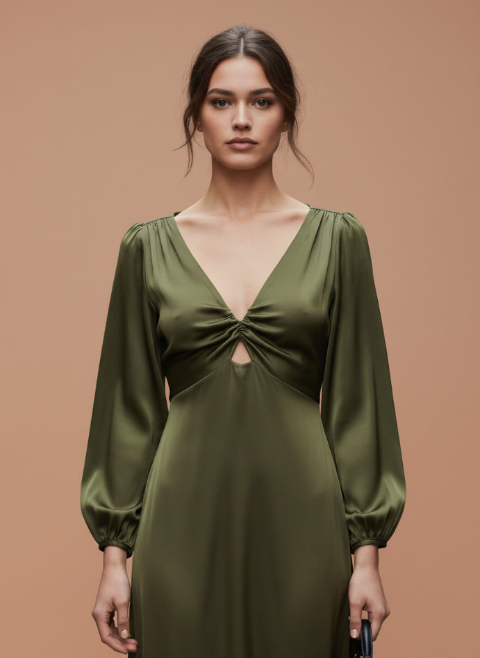 Women's Luxury European Satin Midi Dress Olive