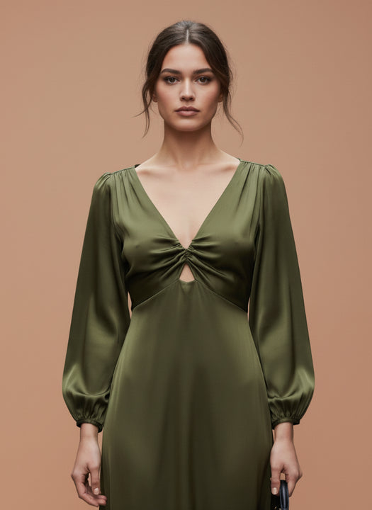 Women's Luxury European Satin Midi Dress Olive