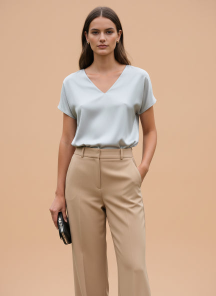 European Satin-Finish, V-Neck Top