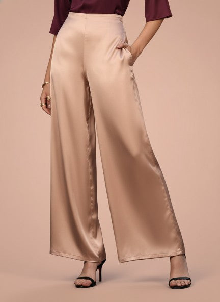 Satin Wide Leg Pants European Fabric  Rose Sand Glam Look