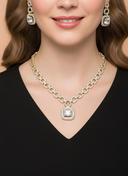 Luxury Cubic Zirconia Chain Link Pendant Necklace & Earrings Set