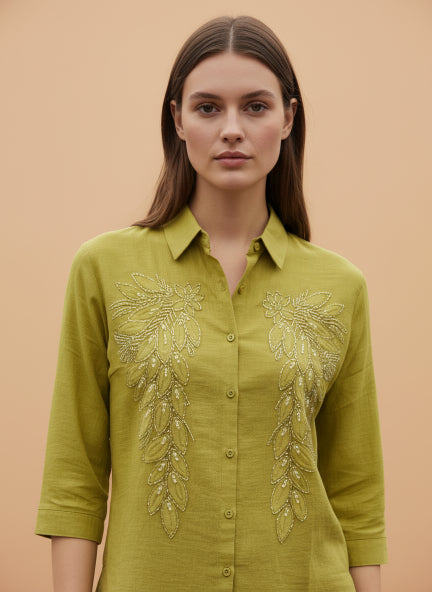 Luxury Olive Beaded Linen Shirt