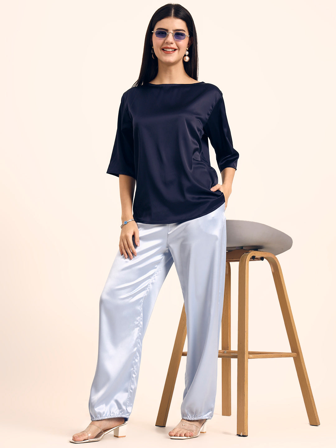Luxury Satin Wide Leg Pants European Fabric  Ice Blue Glam Look
