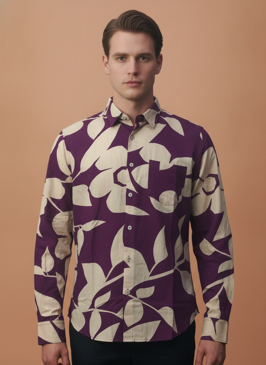 Men'S Premium Rayon Shirt With Purple Floral Print