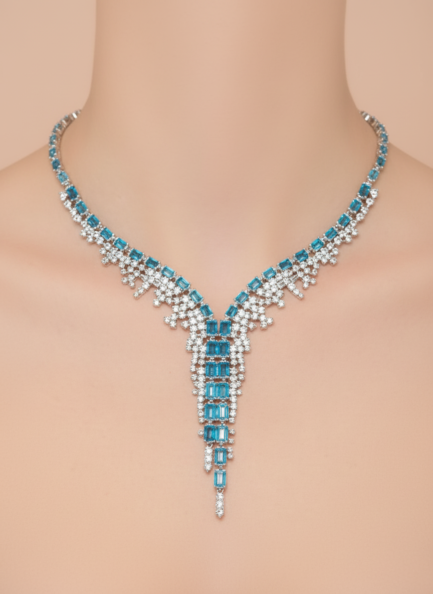 Luxury Aqua Blue Cubic Zirconia Necklace & Earrings Set