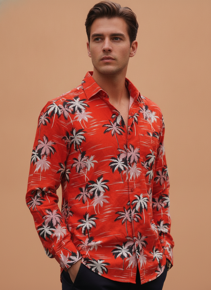 Men'S Premium Rayon Shirt With Red Flower Print