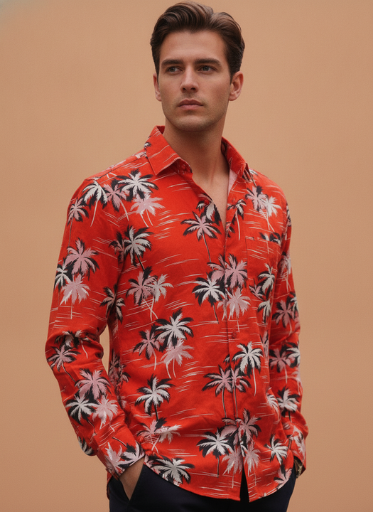 Men'S Premium Rayon Shirt With Red Flower Print