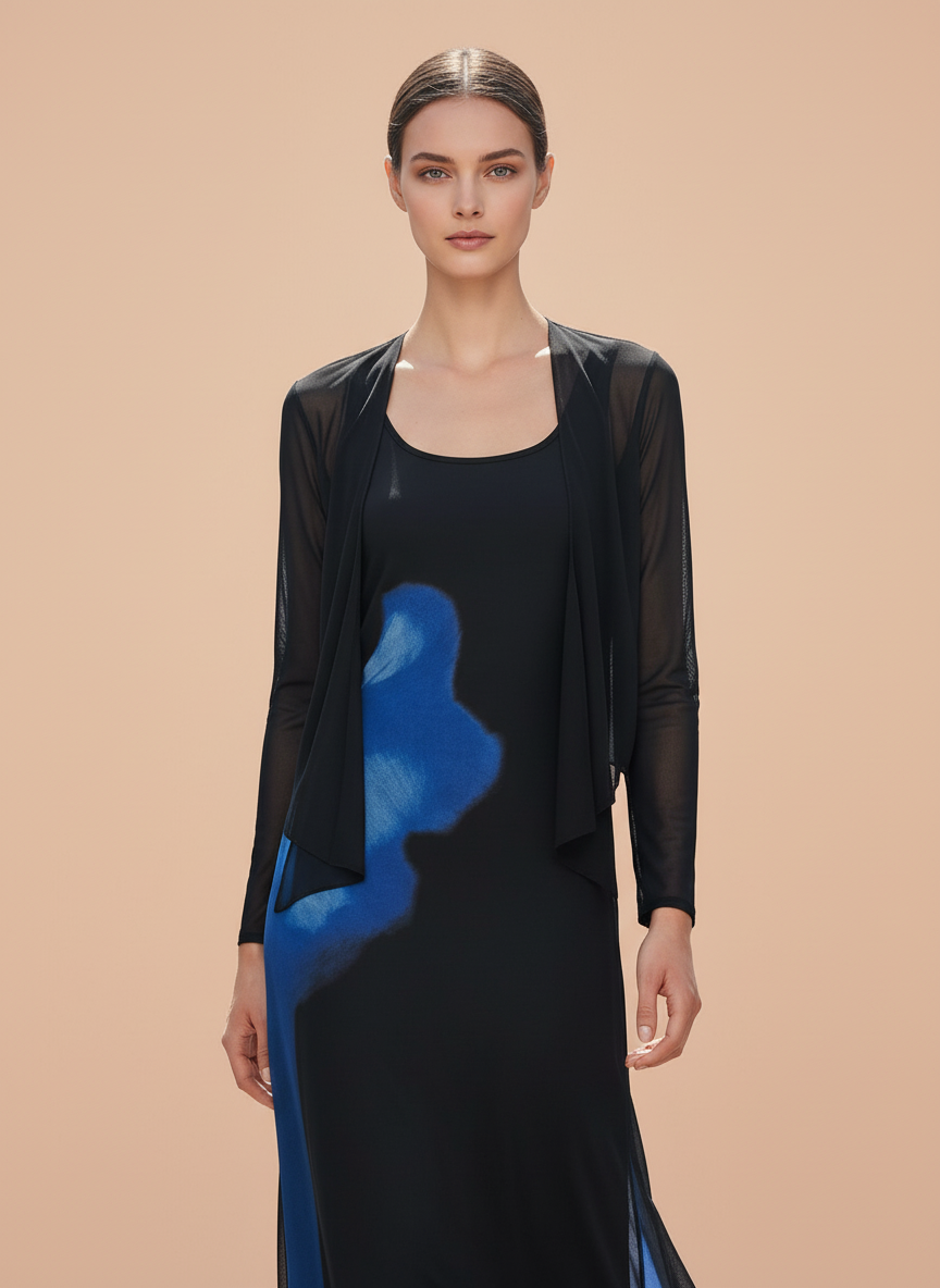 Elegant Black & Blue Sheer Layered Midi Dress for Women