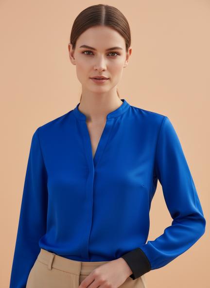 Summer Satin Royal Blue Mandarin Collar Shirt
