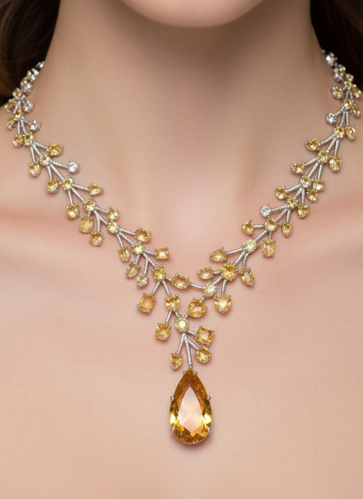 Luxury Golden Champagne Cubic Zirconia Necklace & Earrings Set