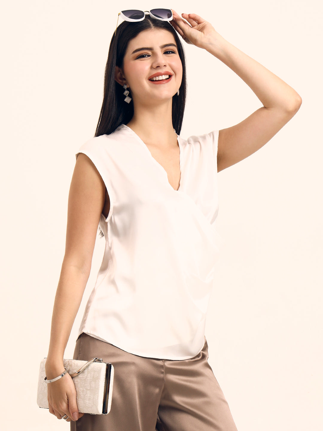 Women's Luxury European Satin V Neck Pleated Sleeveless Top