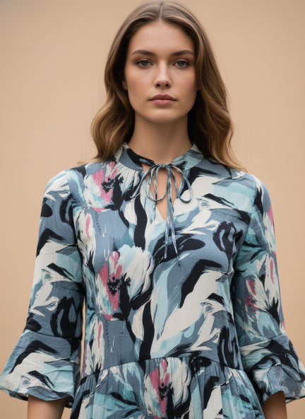 Rayon Printed Fit & Flare V Neck String Midi Dress