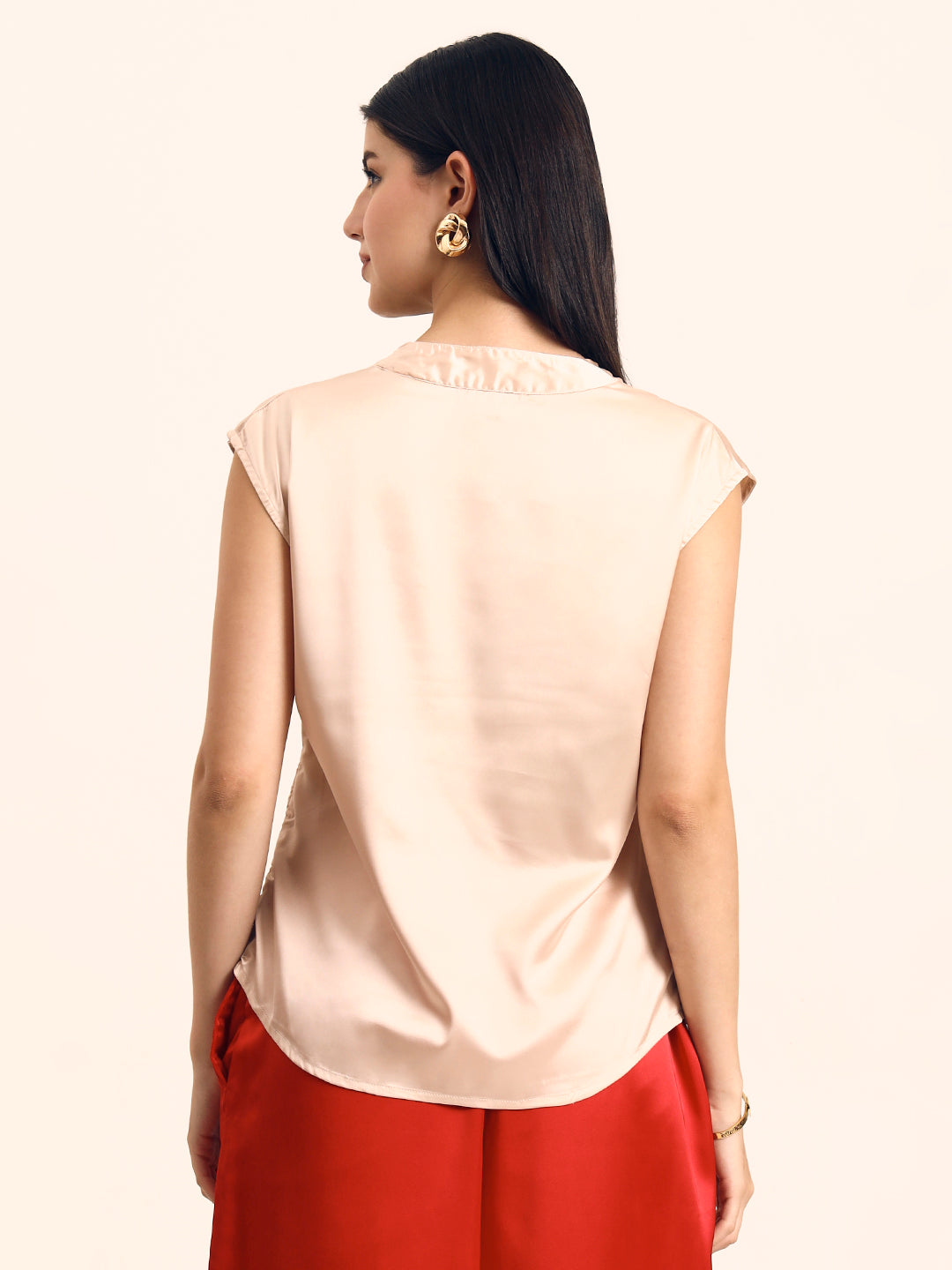 Women's Luxury European Satin V Neck Pleated Sleeveless Top