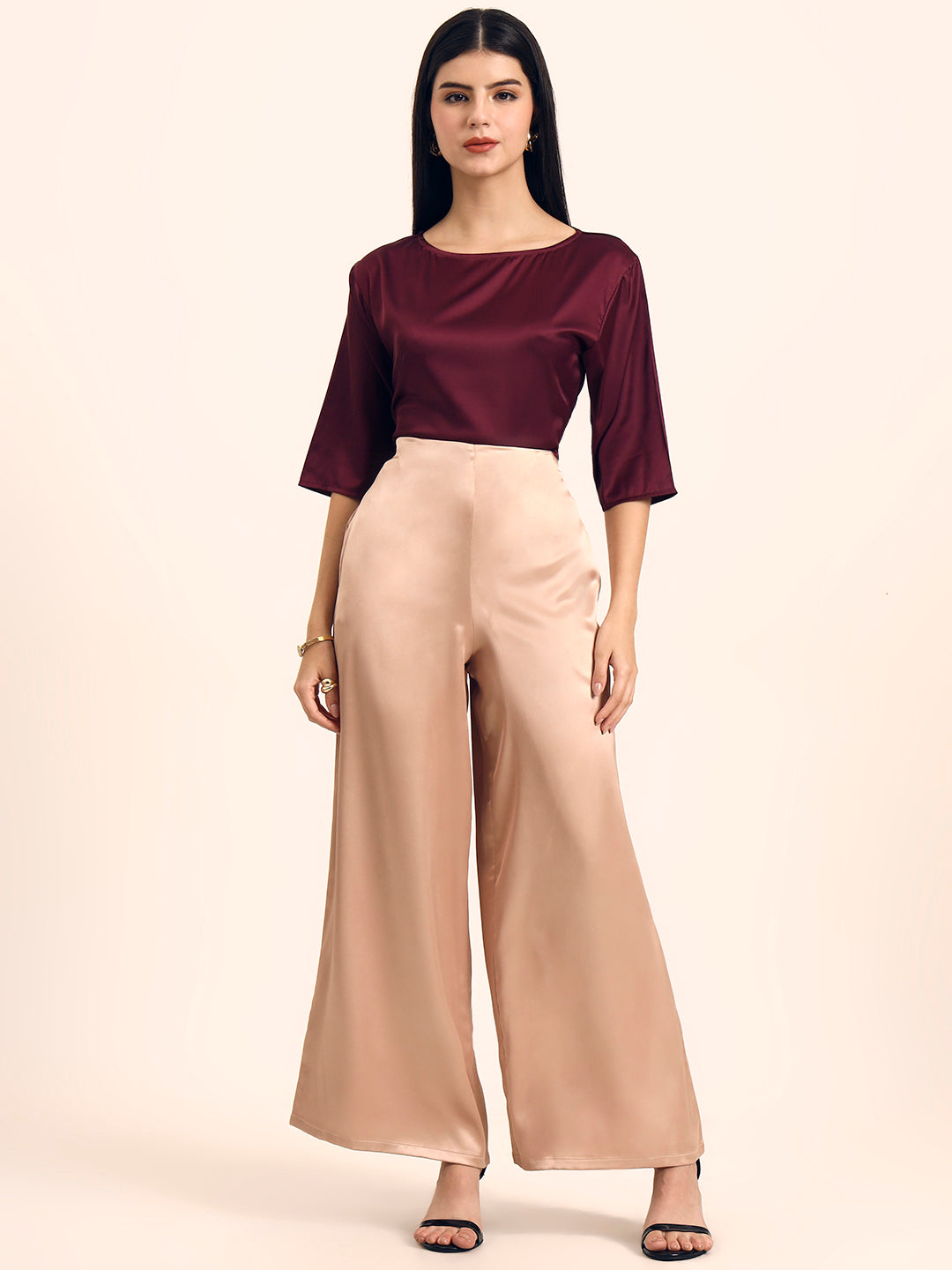 Luxury Satin Wide Leg Pants European Fabric  Rose Sand Glam Look