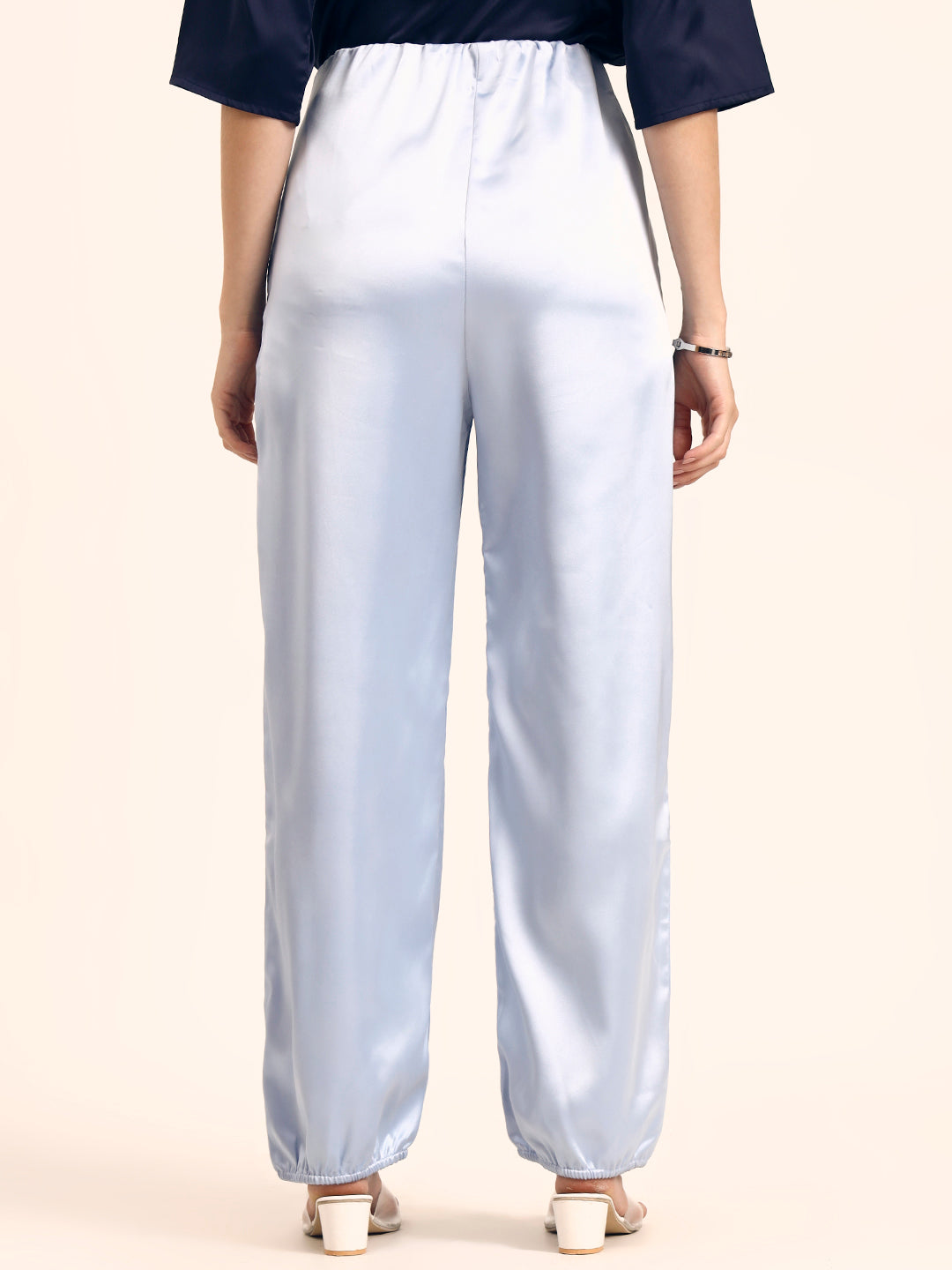 Luxury Satin Wide Leg Pants European Fabric  Ice Blue Glam Look