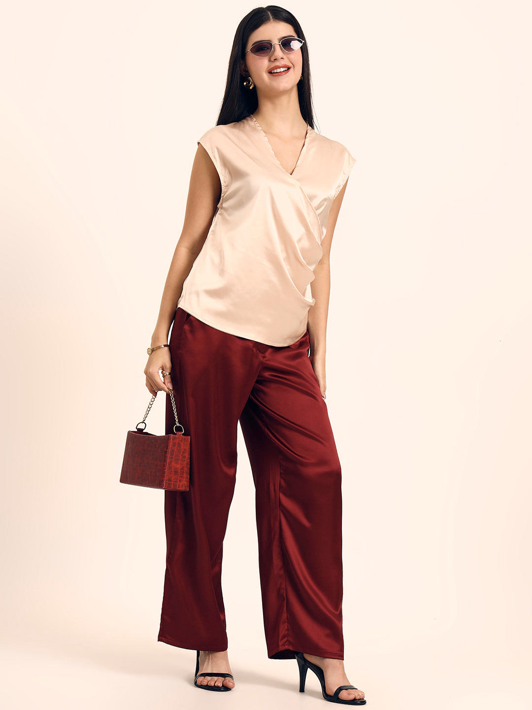 Luxury Satin Wide Leg Pants European Fabric  Wine Red Glam Look