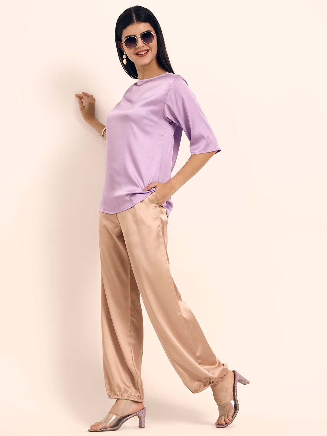 Luxury Satin Wide Leg Pants European Fabric  Light Beige Glam Look