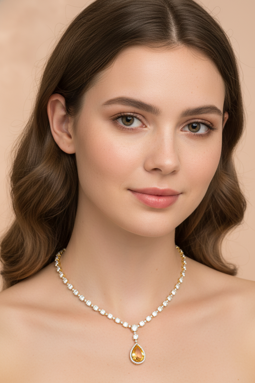 Luxury Gold-Tone Cubic Zirconia & Teardrop Crystal Pendant Necklace & Earrings Set