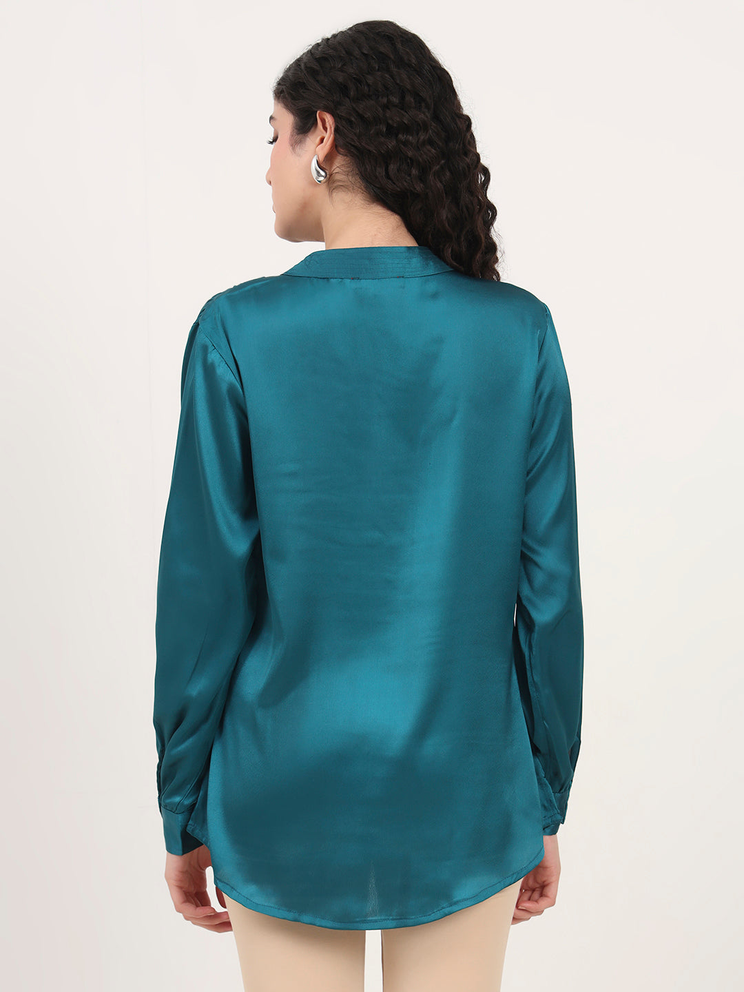 Summer Satin Peacock Mandarin Collar Shirt