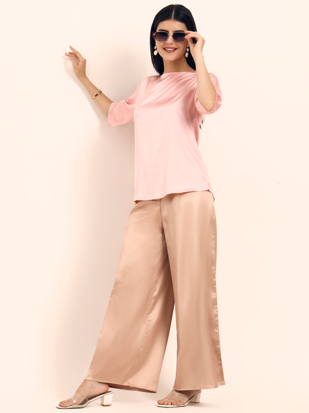 Luxury Satin Wide Leg Pants European Fabric  Peachy Pink Glam Look