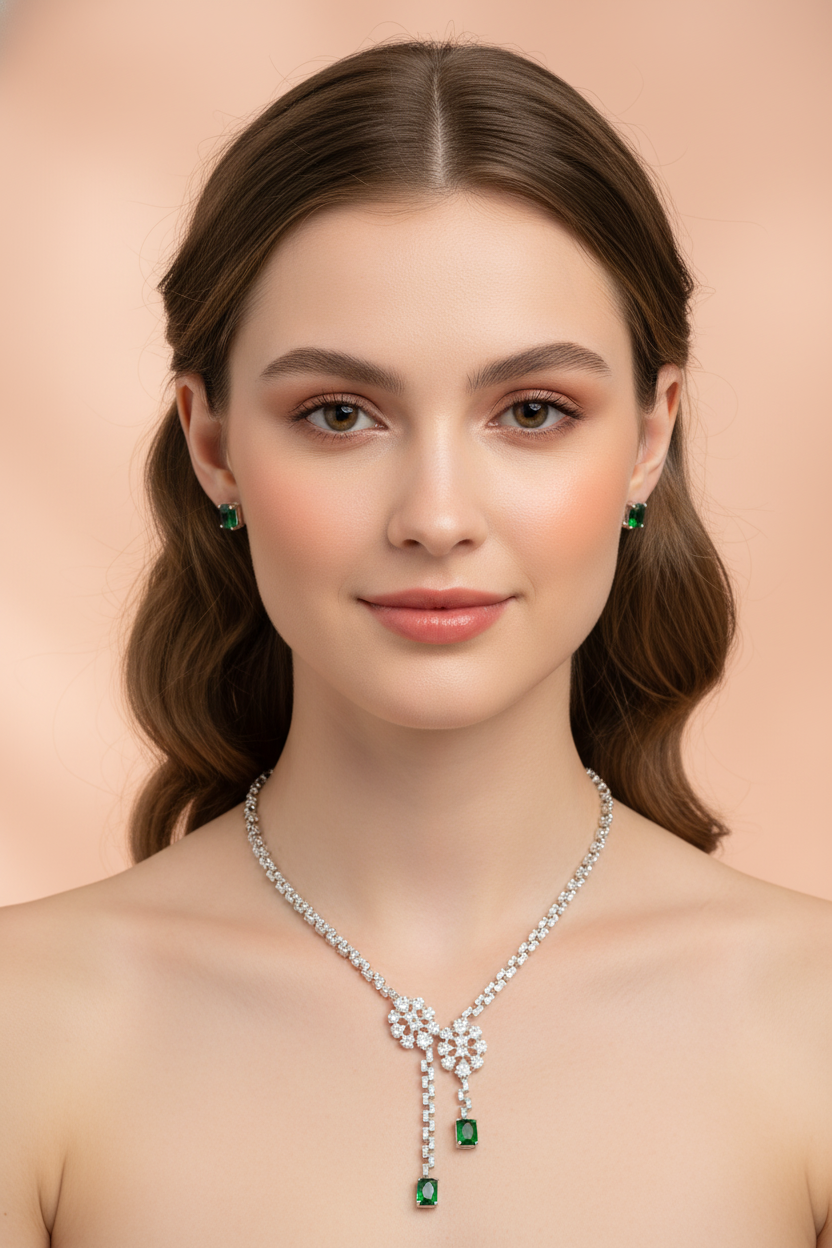 Luxury Silver-Tone Cubic Zirconia Floral Drop Necklace & Emerald Dangle Earrings Set