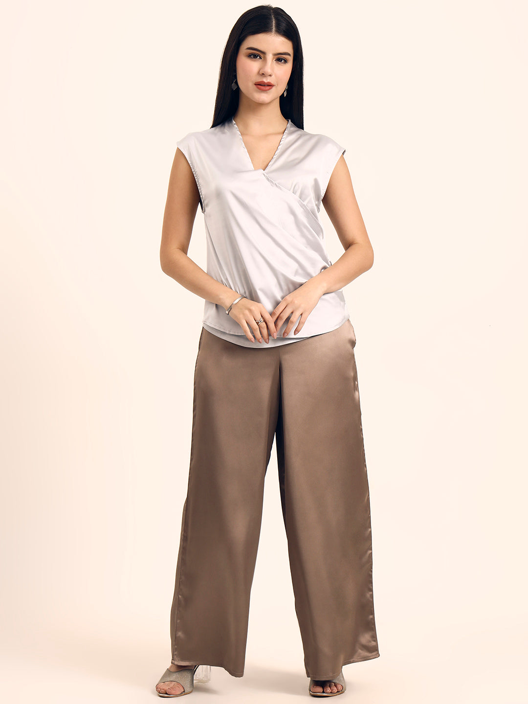 Luxury Satin Wide Leg Pants European Fabric  Mocha Pearl Glam Look