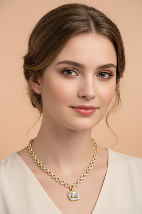 Luxury Cubic Zirconia Chain Link Pendant Necklace & Earrings Set