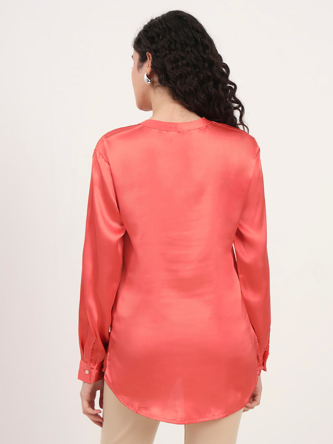 Summer Satin Coral Front Pleated Tunic
