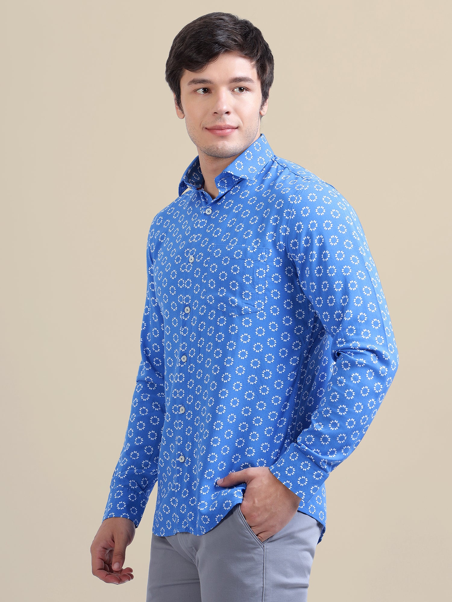 Amswan Men's Premium Rayon Shirt With Blue Block Print