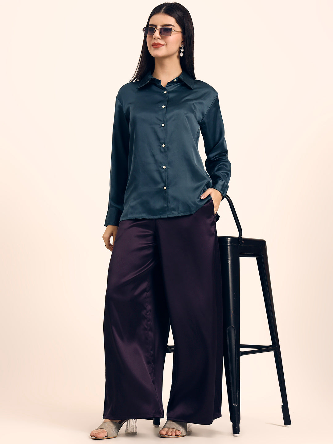 Luxury Satin Wide Leg Pants European Fabric  Plum Wine Glam Look