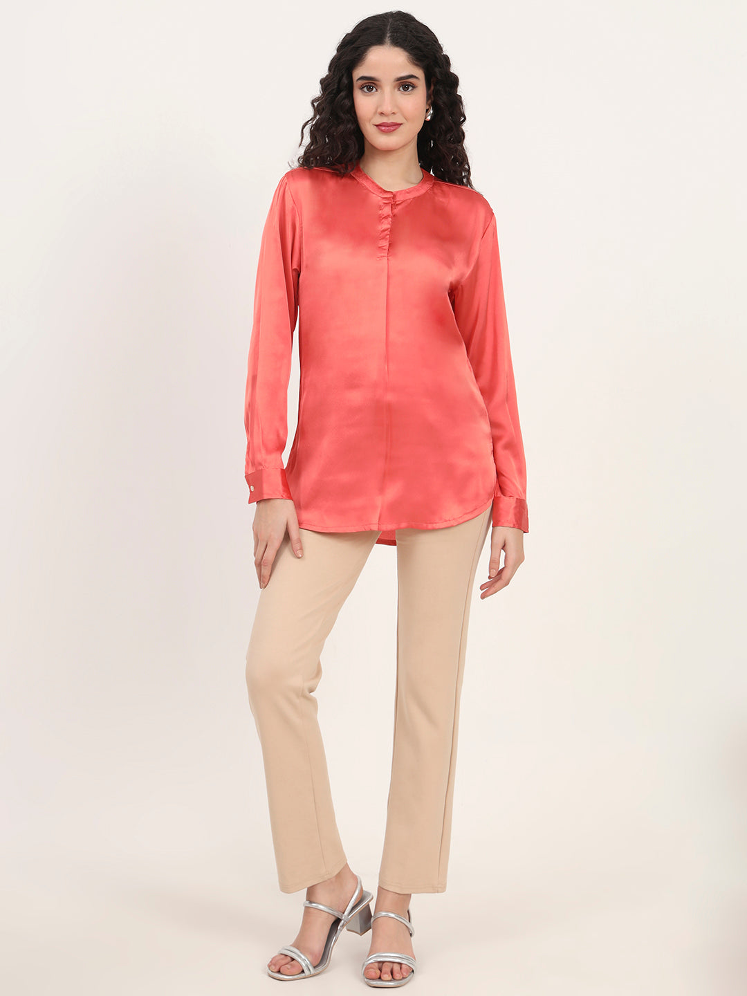 Summer Satin Coral Front Pleated Tunic