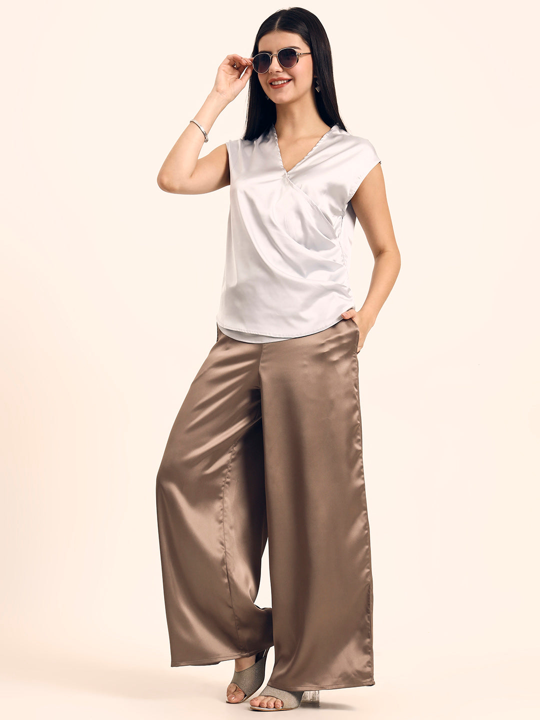 Luxury Satin Wide Leg Pants European Fabric  Mocha Pearl Glam Look