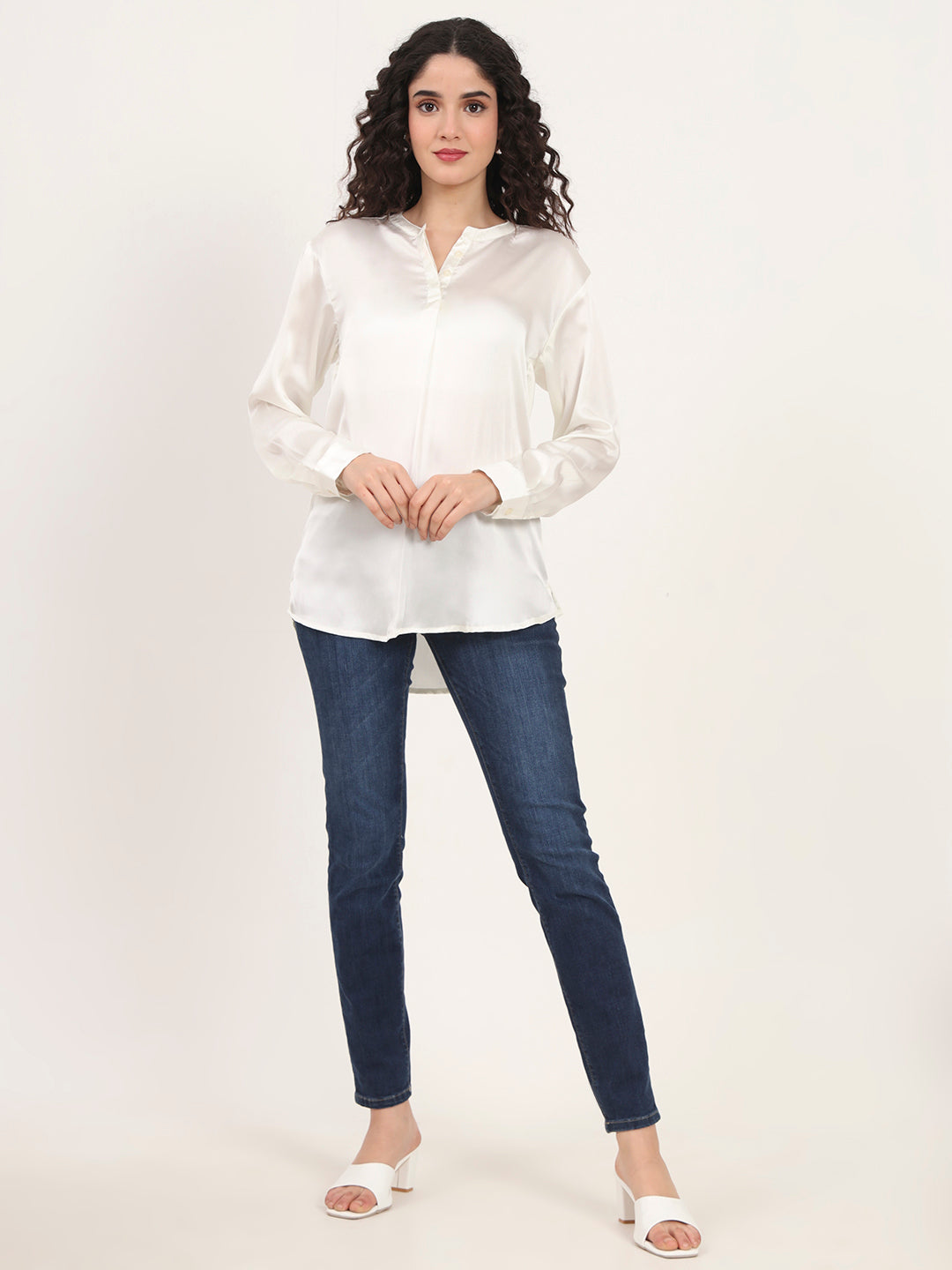 Summer Satin Off White Front Pleated Tunic