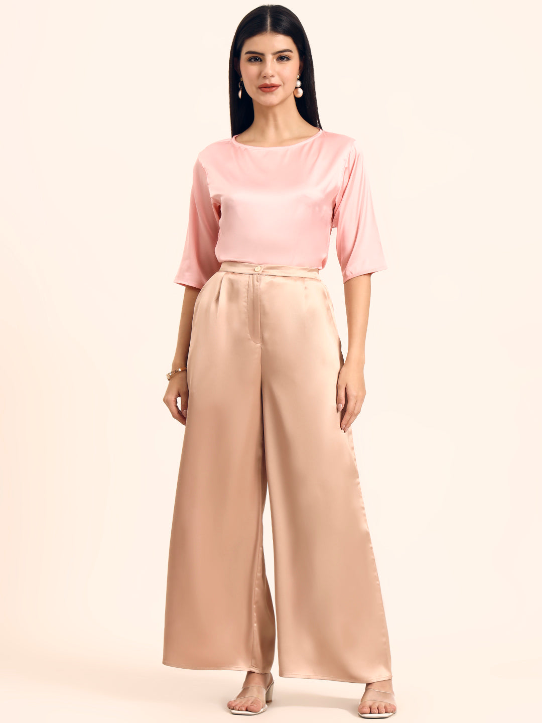 Luxury Satin Wide Leg Pants European Fabric  Peachy Pink Glam Look