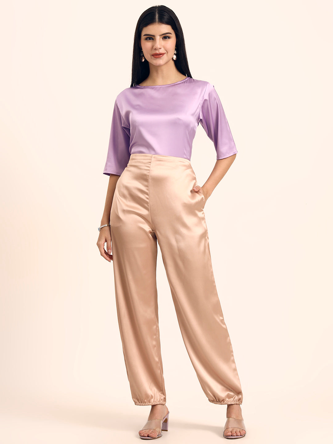 Luxury Satin Wide Leg Pants European Fabric  Light Beige Glam Look