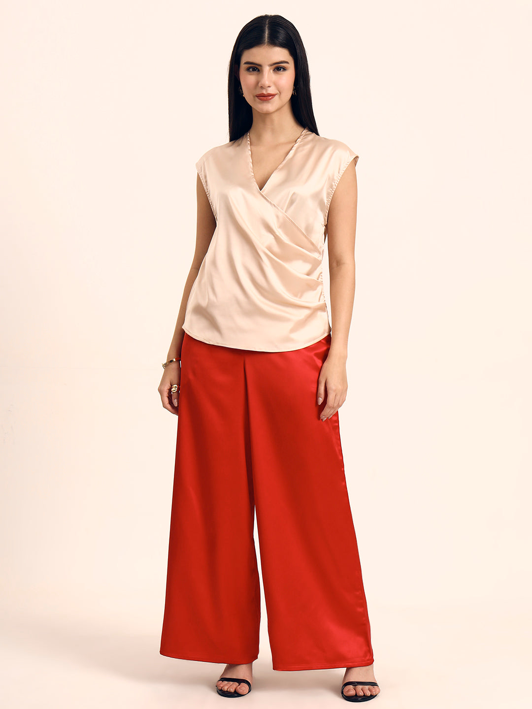 Women's Luxury European Satin V Neck Pleated Sleeveless Top
