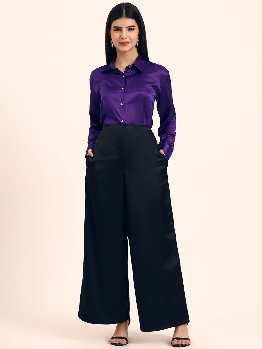 Luxury Satin Wide Leg Pants European Fabric  Black Glam Look