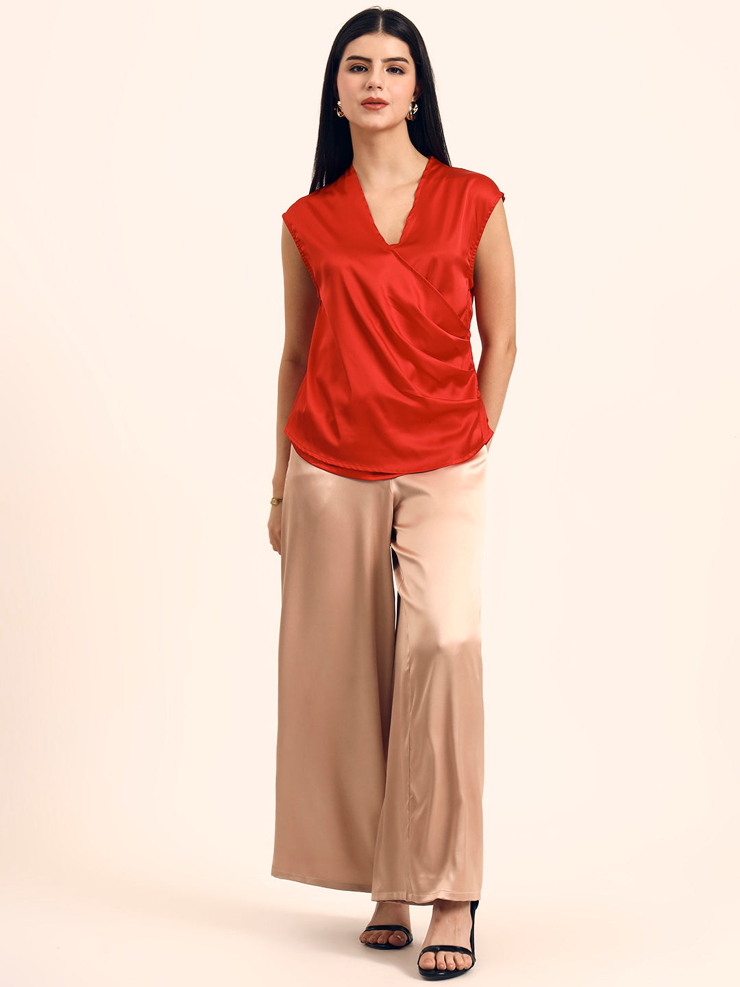 Women's Luxury European Satin V Neck Pleated Sleeveless Top